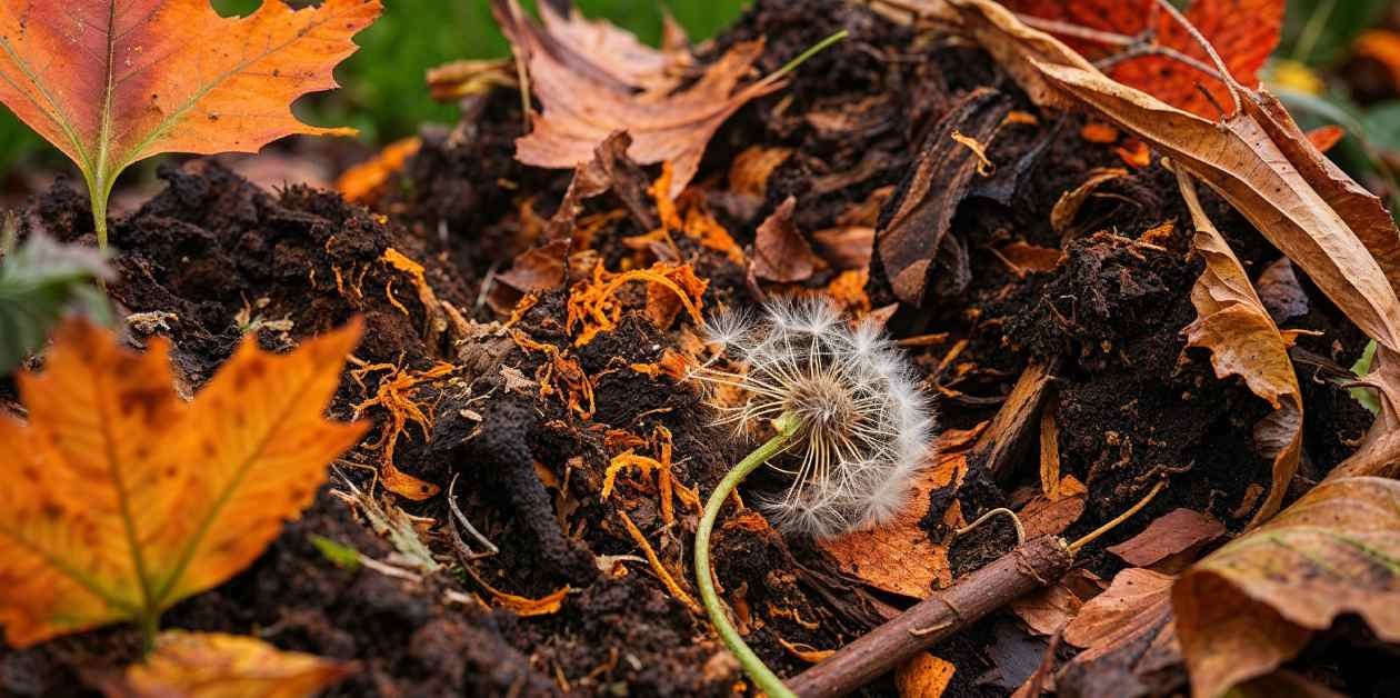 Ein herbstlicher Kompost, der mit Löwenzahndünger ergänzt ist