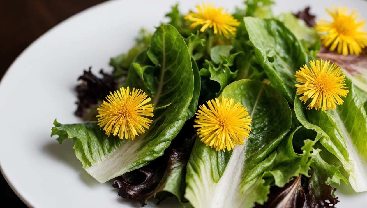 Knackfrischer Löwenzahnsalat dekoriert mit Blüten
