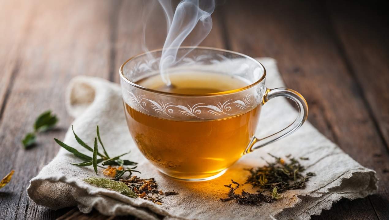 Schön angerichtete Tasse brühend heißer Löwenzahntee, Makro
